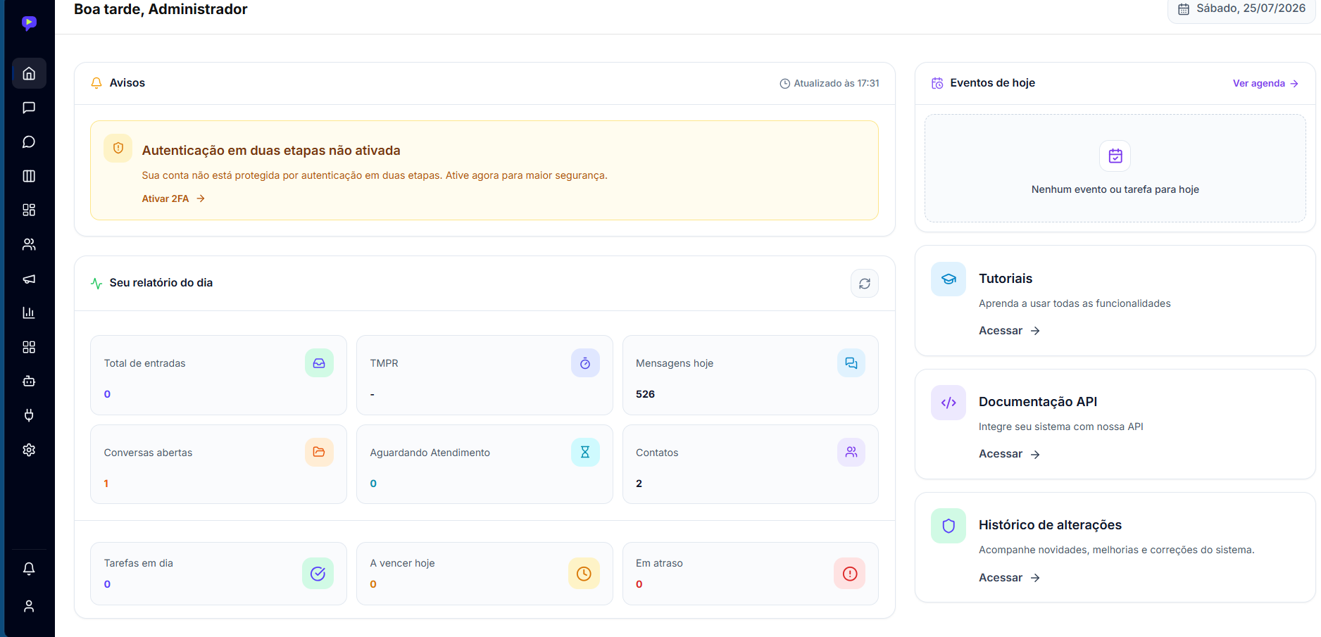 Dashboard do Playchat com métricas de atendimento em tempo real